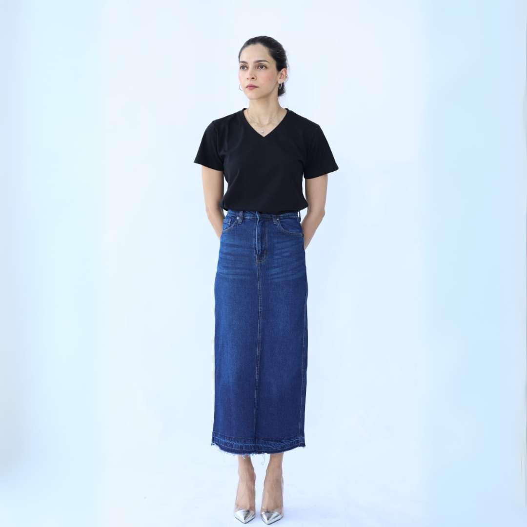 Long Dark Blue Denim Skirt with Frayed Finishing/Ends