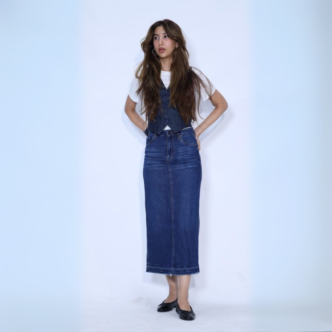 Long Dark Blue Denim Skirt with Frayed Finishing/Ends