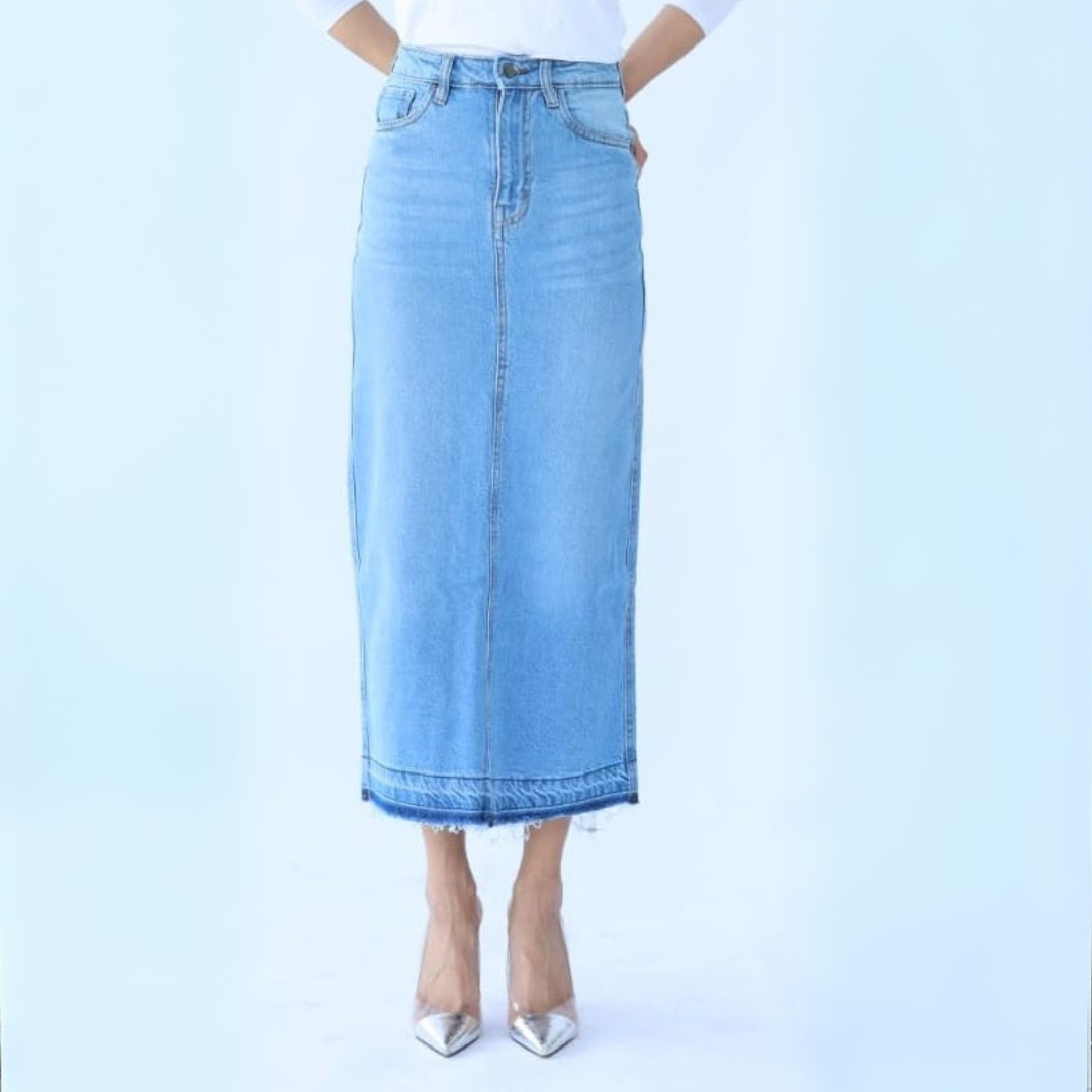 Long Denim Skirt in Light Shade (flattering pencil to straight fit)