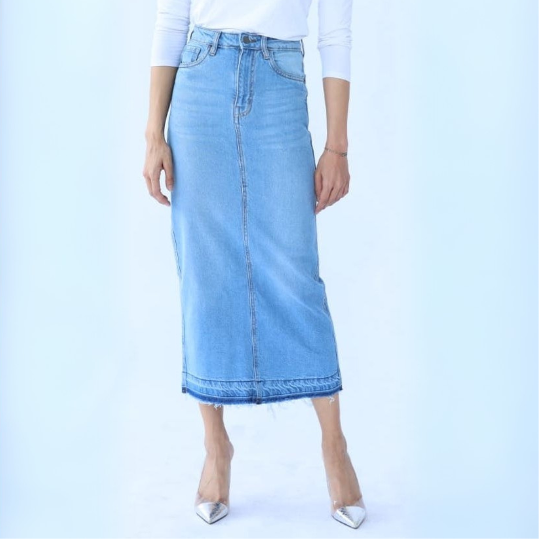 Long Denim Skirt in Light Shade (flattering pencil to straight fit)