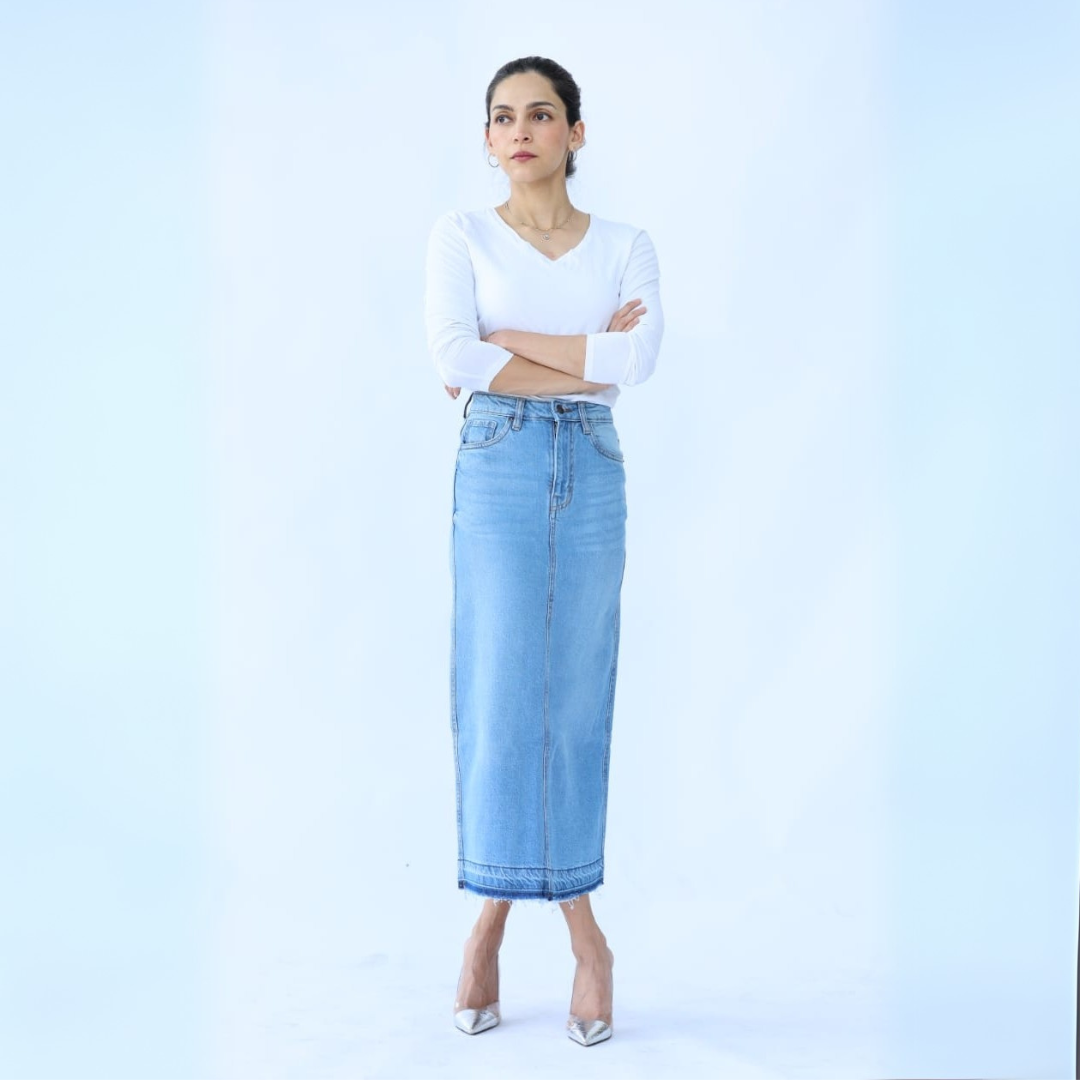 Long Denim Skirt in Light Shade (flattering pencil to straight fit)