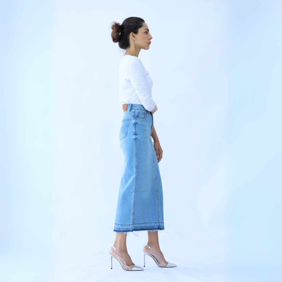 Long Denim Skirt in Light Shade (flattering pencil to straight fit)