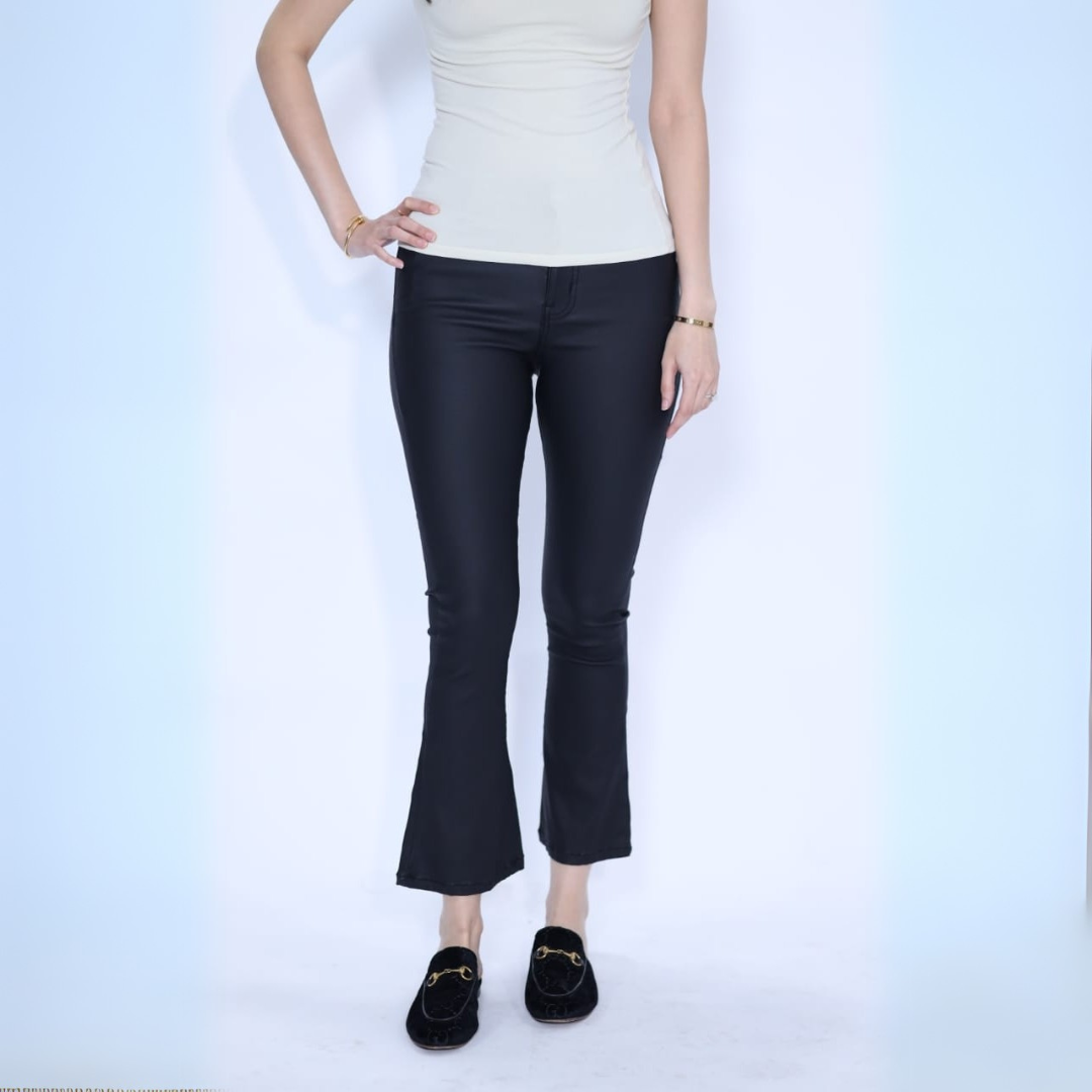 Black Coated Cropped Flare Trouser