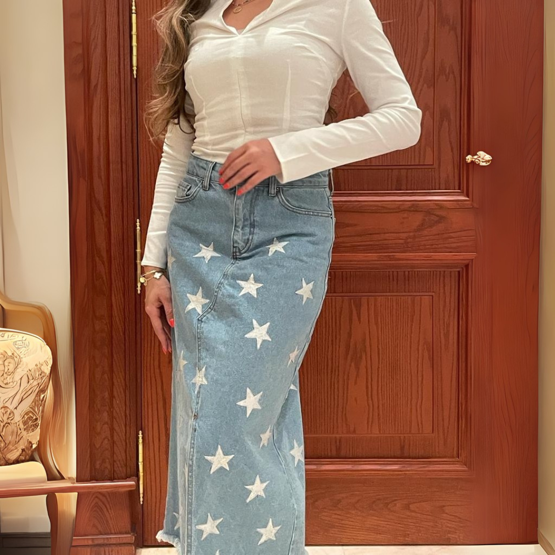 Hand Painted Stars Denim Skirt