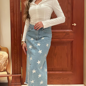 Hand Painted Stars Denim Skirt