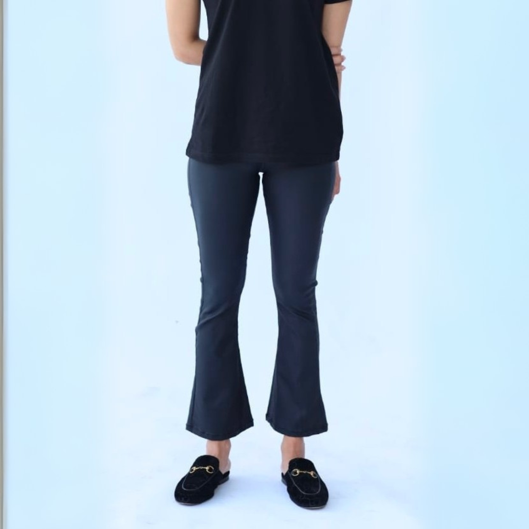 Black Coated Cropped Flare Trouser