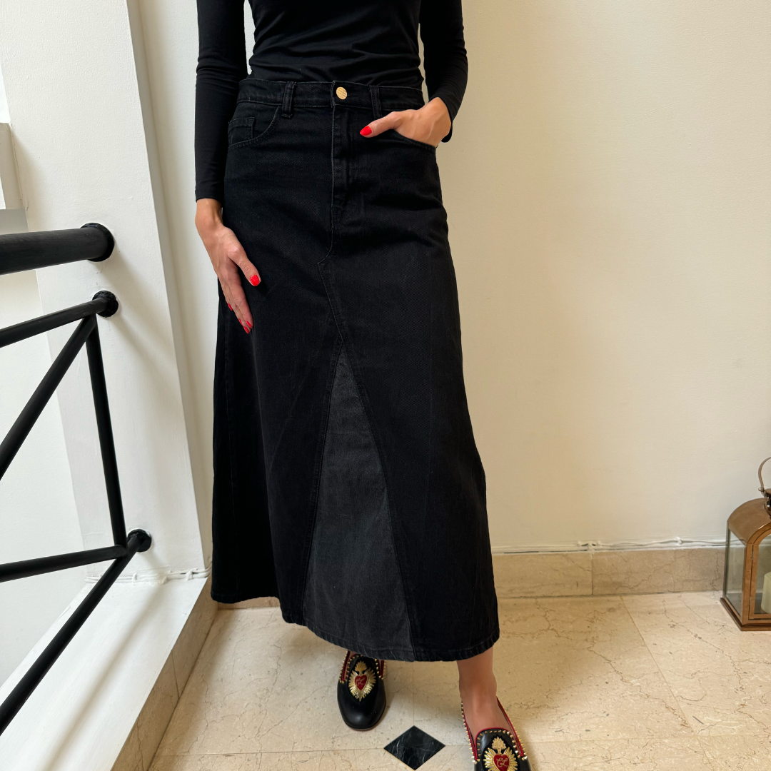 Two Toned Grey/Black Panel A-line Skirt