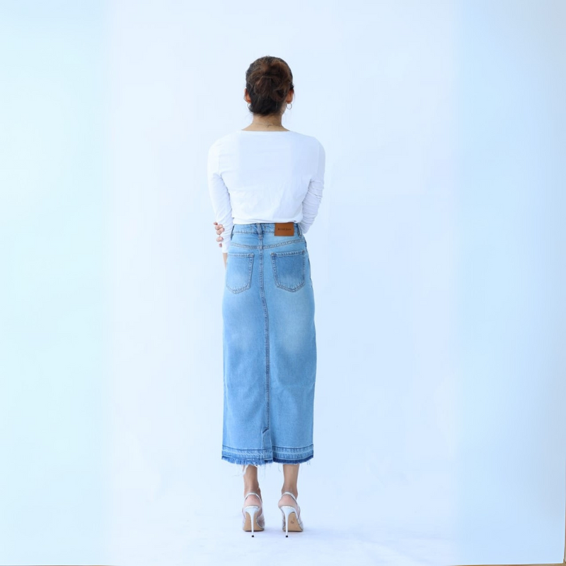 Long Denim Skirt in Light Shade (flattering pencil to straight fit)