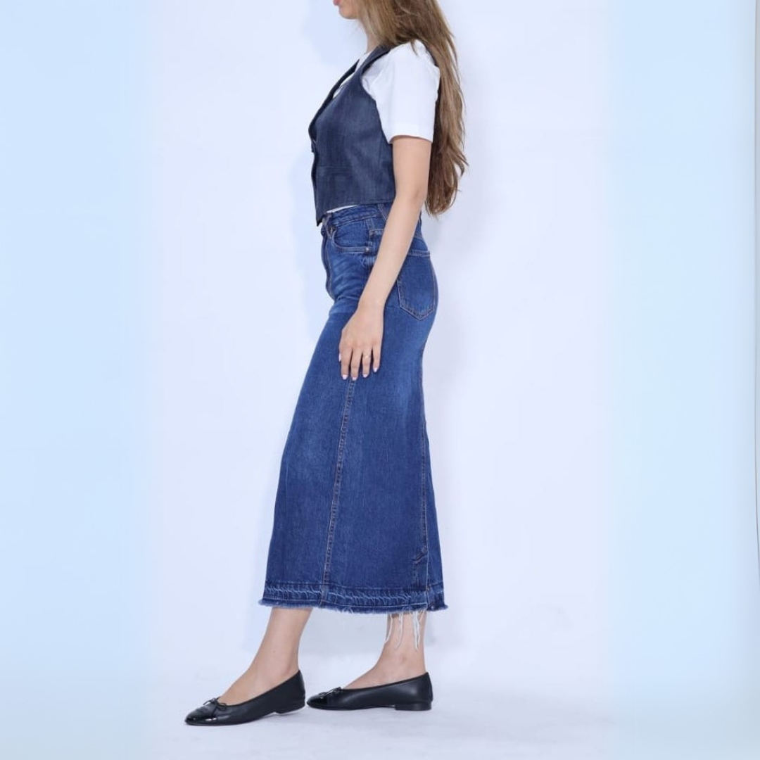 Long Dark Blue Denim Skirt with Frayed Finishing/Ends