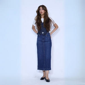 Long Dark Blue Denim Skirt with Frayed Finishing/Ends