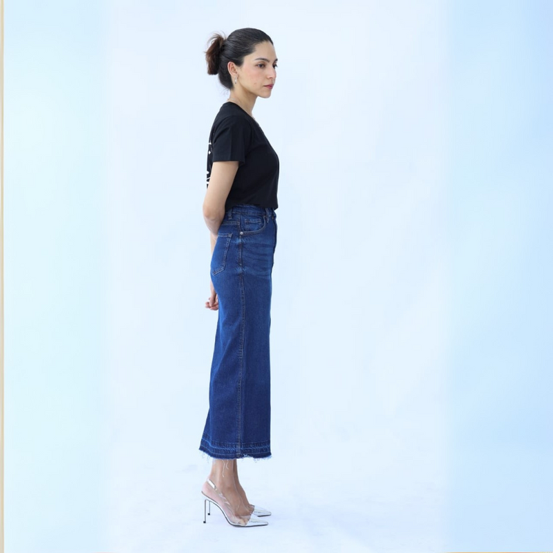 Long Dark Blue Denim Skirt with Frayed Finishing/Ends