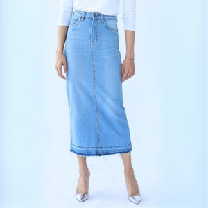Long Denim Skirt in Light Shade (flattering pencil to straight fit)