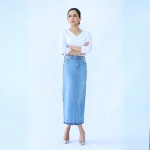 Long Denim Skirt in Light Shade (flattering pencil to straight fit)