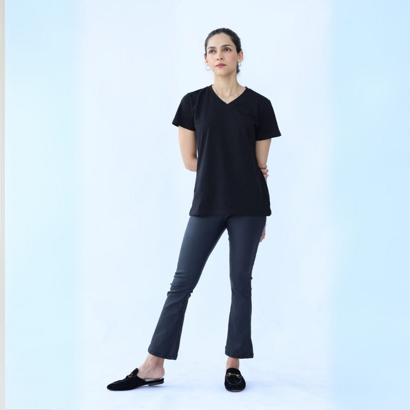 Black Coated Cropped Flare Trouser
